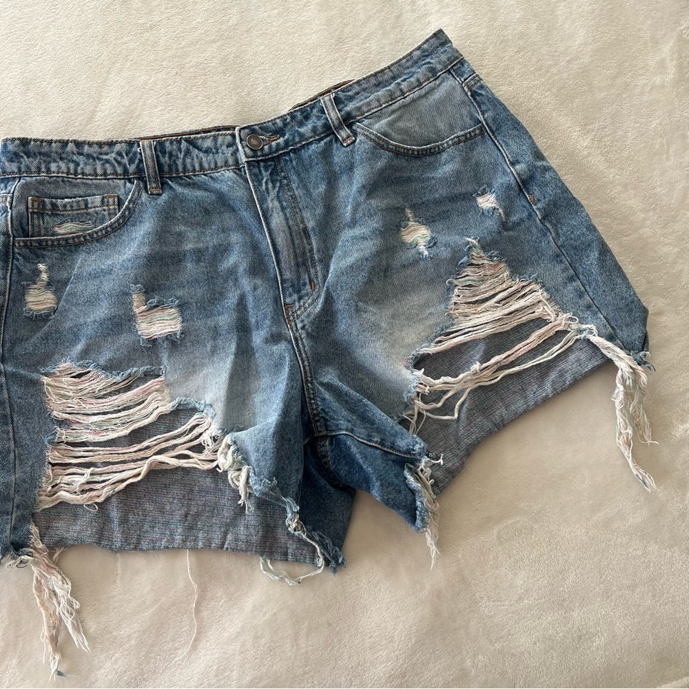 KanCan Plus Size Heavily Distressed Ripped High Rise Denim Shorts